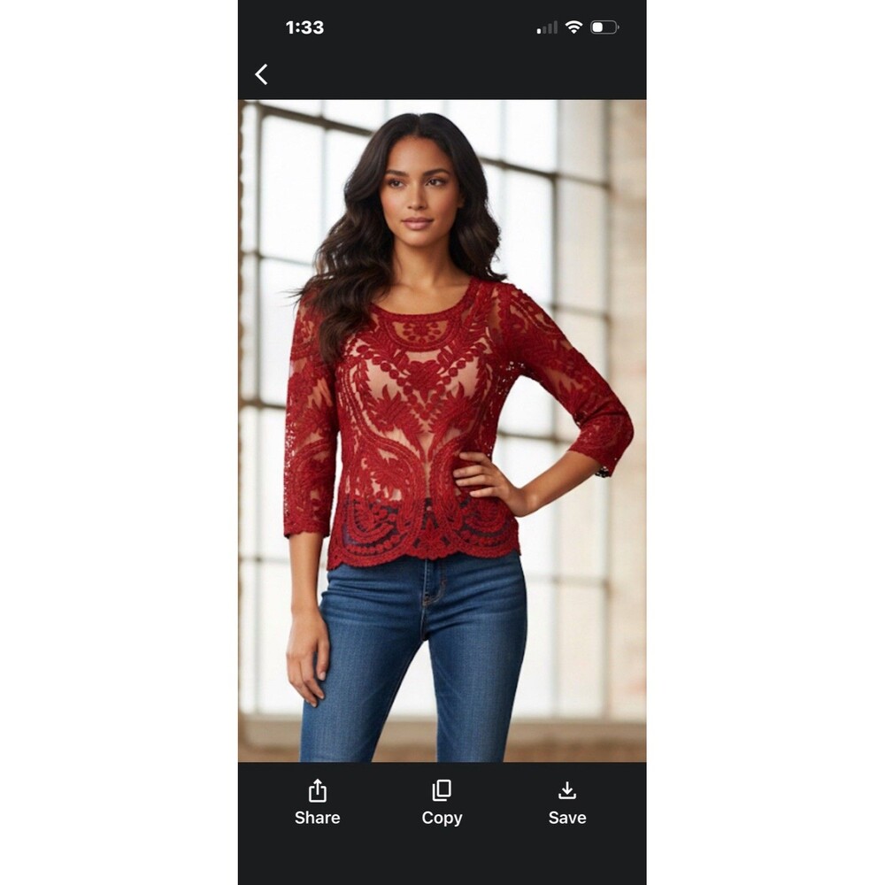 Express Red Lace Mesh Overlay Top Size Small Floral Embroidered Scalloped - Picture 2 of 14